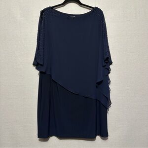 Chic Asymmetrical Navy Dress with Embellished Sleeves